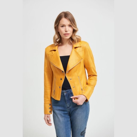 Joseph Ribkoff Jackets & Blazers - NWT Joseph Ribkoff Marigold Faux Leather Cropped Moto Jacket 213945